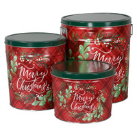 Christmas Plaid Popcorn Tin Container with Handles Size 50T (6.5 gal) 12 1/4" x 14 1/8" (6.5 gal) 12 1/4" x 14 1/8" (5 pack)
