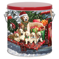 Red Truck Pups Tall Round Tin Container with Handle Size 8S (1 gal)