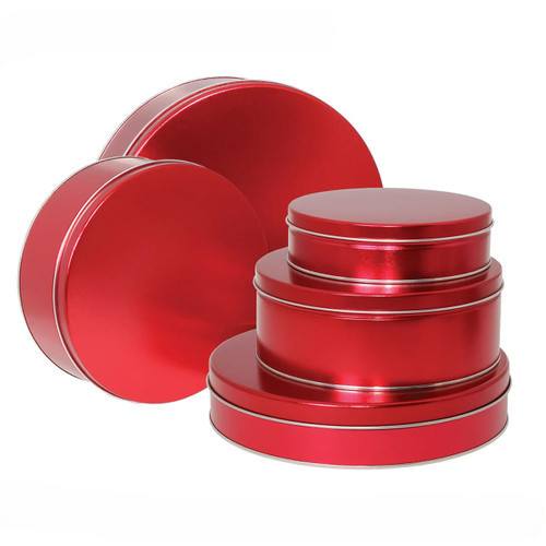 Metallic Red Solid Round Tin Container Size 5C 9 7/8" x 3 1/2" (12 pack)