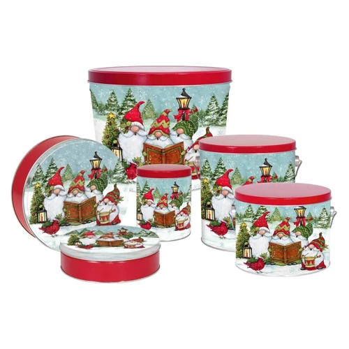 Festive Gnomes Tall Round Tin Container Size 1QT 4 1/16" x 4 7/8" (24 pack)