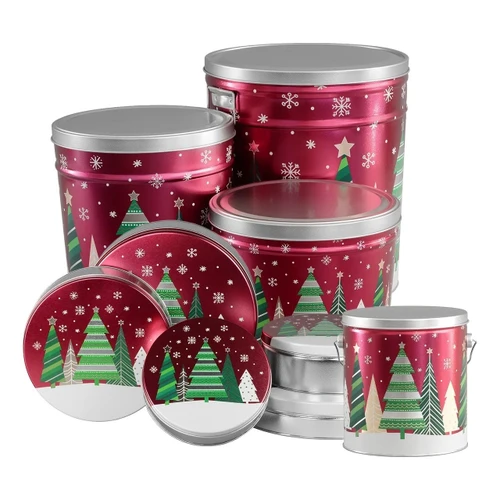 Holiday Trees Popcorn Tin Container with Handles Size 50T (6.5 gal) 12 1/4" x 14 1/8" (6.5 gal) 12 1/4" x 14 1/8" (5 pack)