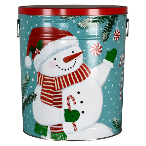 Peppermint Snowmen Popcorn Tin Container with Handles Size 50T (6.5 gal) 12 1/4" x 14 1/8" (6.5 gal) 12 1/4" x 14 1/8" (5 pack)