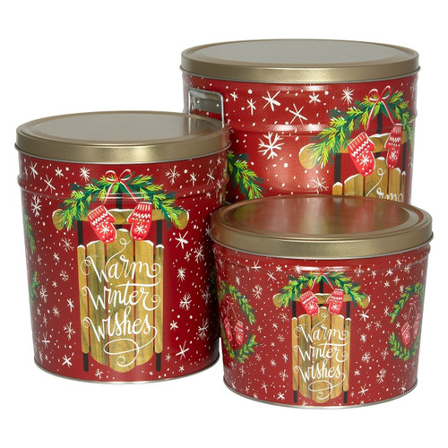 Warm Winter Wishes Popcorn Tin Container with Handles Size 50T (6.5 gal) 12 1/4" x 14 1/8" (6.5 gal) 12 1/4" x 14 1/8" (5 pack)