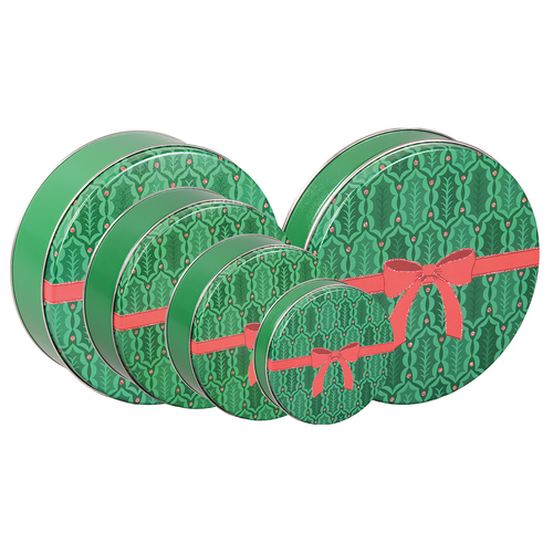 Holly & Ribbon Round Tin Container Size 3C 8 1/8" x 3" (15 pack)