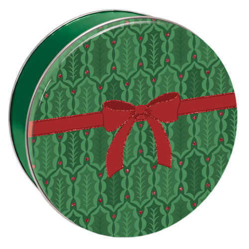 Holly & Ribbon Round Tin Container Size 3C 8 1/8" x 3" (15 pack)