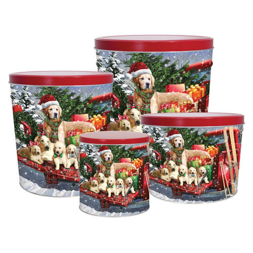 Red Truck Pups Tall Round Tin Container with Handle Size 8S (1 gal) 6 11/16" x 7 1/4" (12 pack)