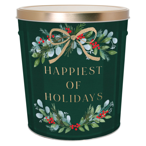 Happiest of Holidays Popcorn Tin Container with Handles Size 50T (6.5 gal) 12 1/4" x 14 1/8" (5 pack)