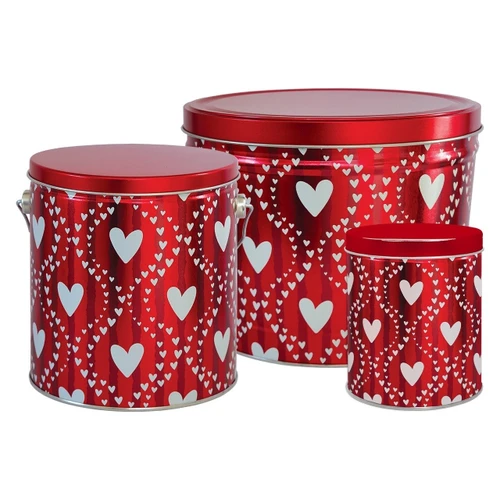 Red Hearts Tall Round Tin Container Size 1QT 4 1/16" x 4 7/8" (24 pack)