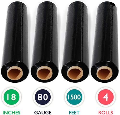 Black Stretch Film Hand Wrap 18 Inch x 1500 Feet x 80 Gauge Feet 4 Rolls