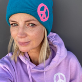 PEACE Teal Blue & Neon Pink Beanie Hat