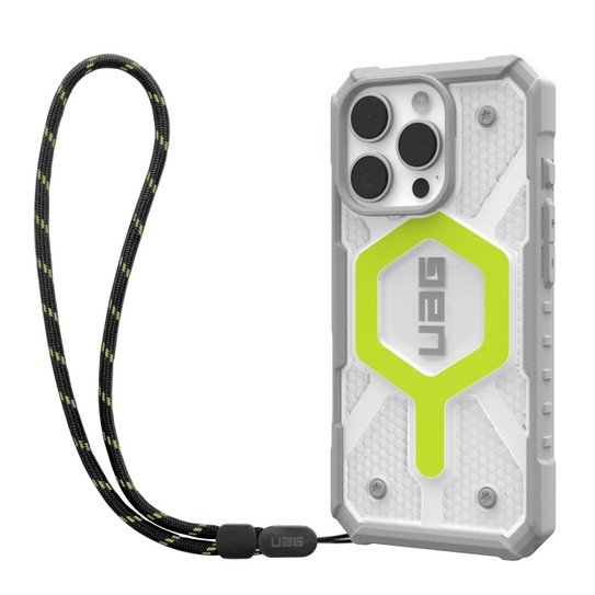 UAG Pathfinder Clear Magsafe Case iPhone 16 Pro + Black Neon Lanyard - Active Neon