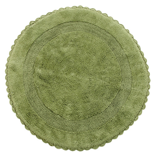 Bath Rug Soft Cotton 36 Inch Round, Reversible, Sage Green, Crochet Lace Border