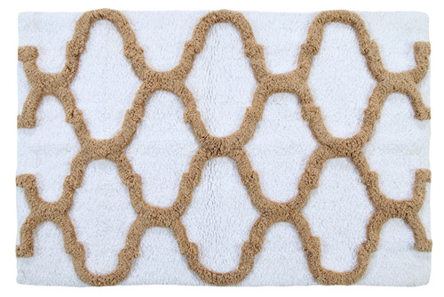 Bath Rug Soft Cotton, 34x21 In, Anti-Skid, White/Beige, Geometric Pattern, Washable