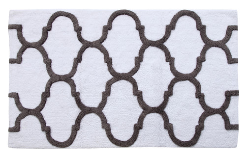 Bath Rug Soft Cotton, 50x30 In, Anti-Skid, White/Gray, Geometric Pattern, Washable