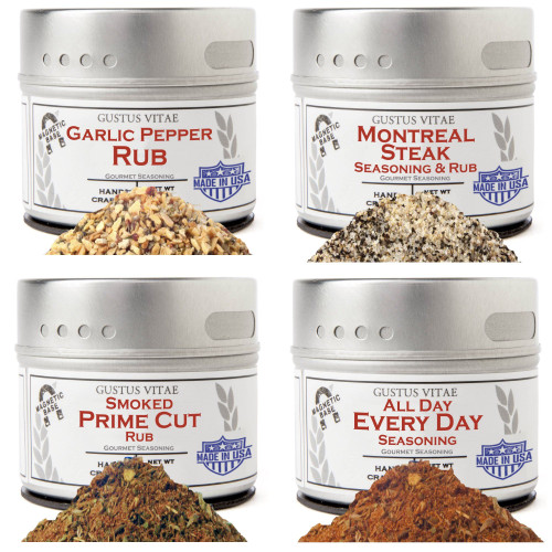 Gourmet Seasonings Staples Collection | 4 Packs- Garlic Pepper Rub, Montreal Steak Seasoning, Smoked Prime Cut Rub, All Day Every Day Seasoning