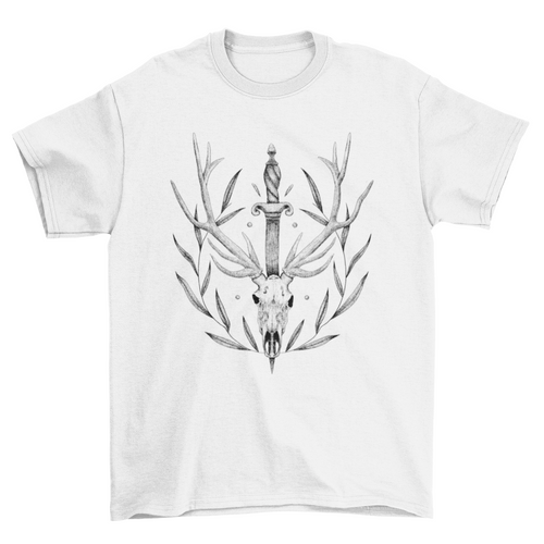 Deer Skull With Leaves & Sword Design T-Shirt