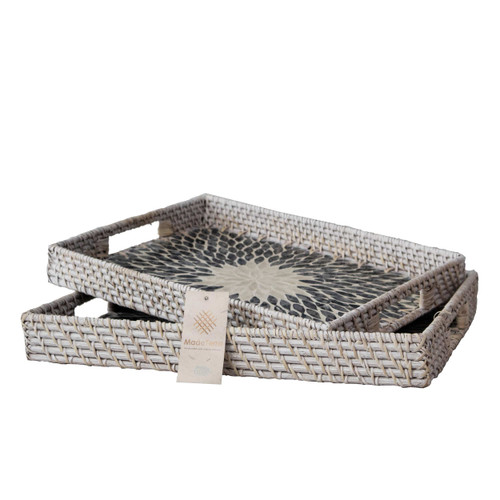 Set 2 Pack Amazing Rectangular Rattan Wicker Tray with Mother of Pearl Inlay Wooden Base With Handle for Home Decor and Display