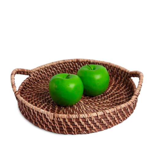 Decorative Round Brown Rattan Wicker Serving Trays with Handles (12-Inch)