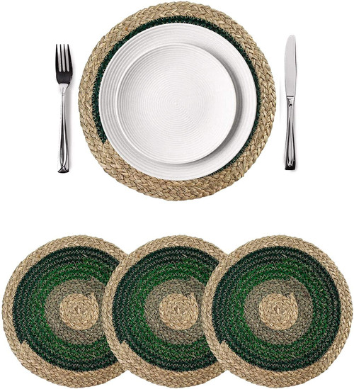 Set of 4 Unique Round Jute Placemat Anti Slip Hand Woven Thick Table Mats, Heat Resistant Kitchen Charger Plates Alternative