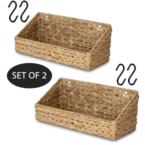 Set of 2 Lovely Rectangular Sloped Cut Closet Storage Baskets Bins for Shelves, Woven Wicker Shelf Organizer Bins