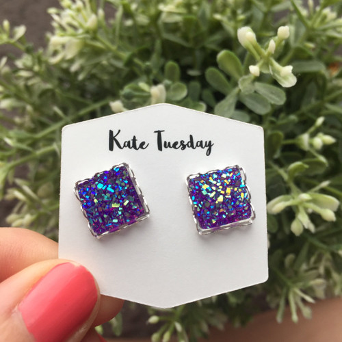 Purple Square Druzy Earrings