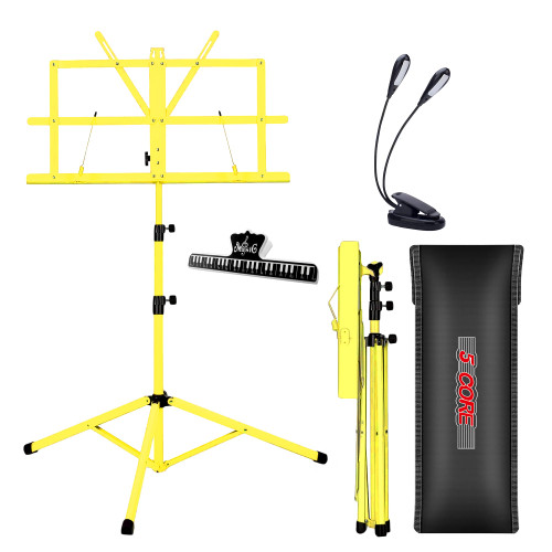 5 Core Music Stand, 2 in 1 Dual-Use Adjustable Folding Sheet Stand Yellow / Metal Build Portable Sheet Holder / Carrying Bag, Music Clip and Stand Light Included - MUS FLD YLW