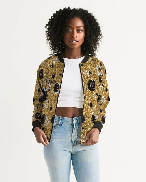 Black and Gold Women's Bomber Jacket - Stylish, Lightweight Outerwear
