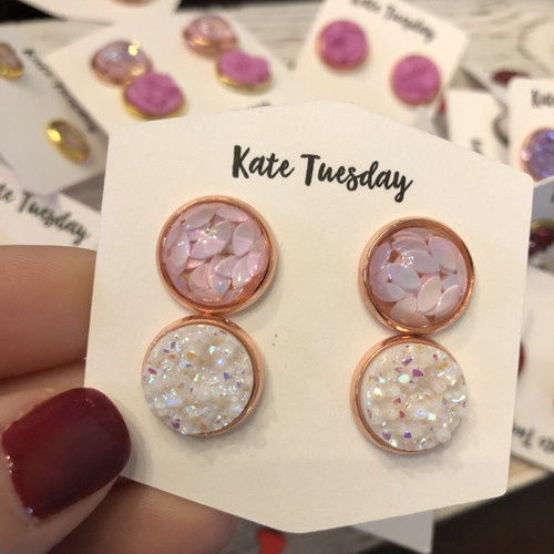Double Druzy Pink Glitter Leaf and White Handmade 12mm Earrings