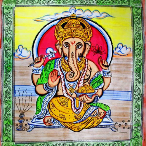 Ganesha Holding Lotus Flower In Pastels With Tassels Tapestry