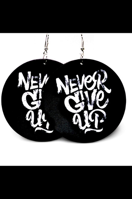 'Never Give Up' - 2.25 inches Printed Nickel-Free Hoops Drop Earrings