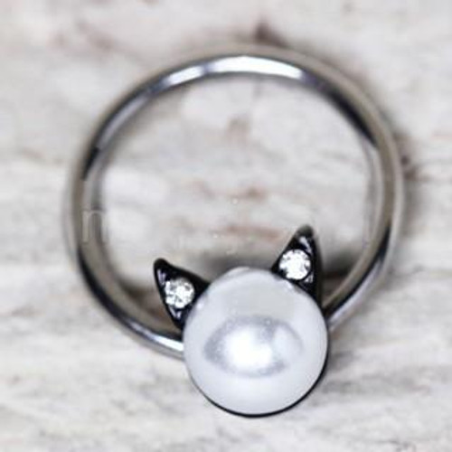 316L Stainless Steel White Pearl Cat Snap-in Captive Bead Ring / Septum Ring