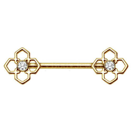 Simple Gold Plated Clear CZ Pinwheel Flower Nipple Bar