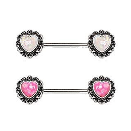Antique 316L Stainless Steel Filigree Synthetic Opal Heart Nipple Bars
