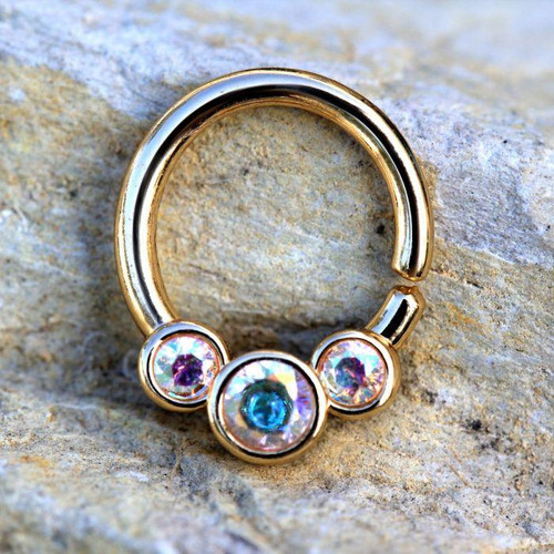 Gold Plated Antique Triple Aurora Borealis CZ Seamless Ring