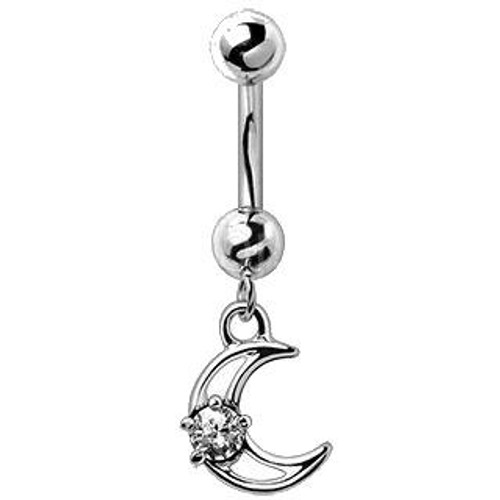 316L Stainless Steel Moon and Star Clear CZ Dangle Navel Ring