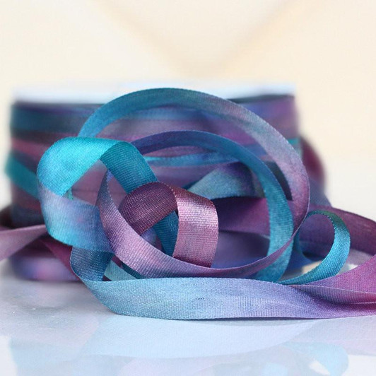 Hand Dyed Silk Embroidery Ribbon, 7mm 98V Aqua/Lilac