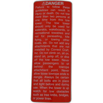 DECAL, WARNING TOW TOWER 2000- (RED LABEL WHITE LETTERS)