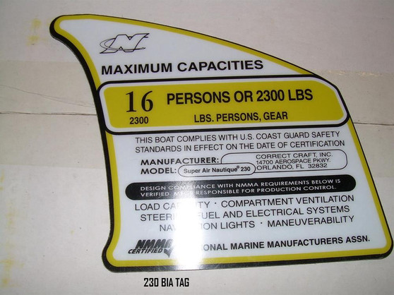 DECAL, MAX CAP SAN 230, 16 PERSONS 2300 POUNDS