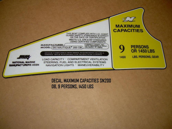 DECAL, MAXIMUM CAPACITIES SN200 OB, 9 PERSONS, 1450 LBS