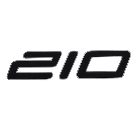 decal, model ID "210",  black w. silver  outline, domed, 2003-