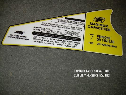 CAPACITY LABEL SKI NAUTIQUE 200 CB 7 PERSONS 1450 LBS