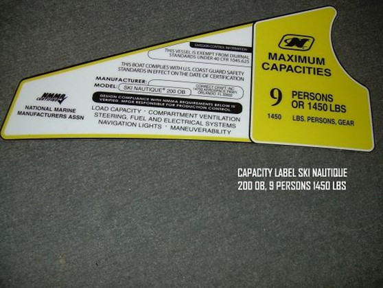 CAPACITY LABEL SKI NAUTIQUE 200 OB 9 PERSONS 1450 LBS