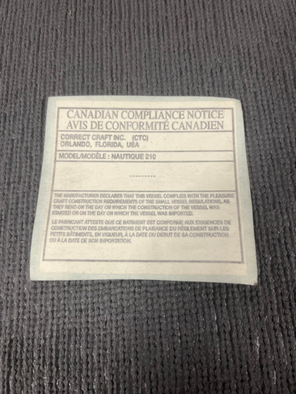 DECAL CANADIAN COMPLIANCE SUPER AIR NAUTIQUE 210