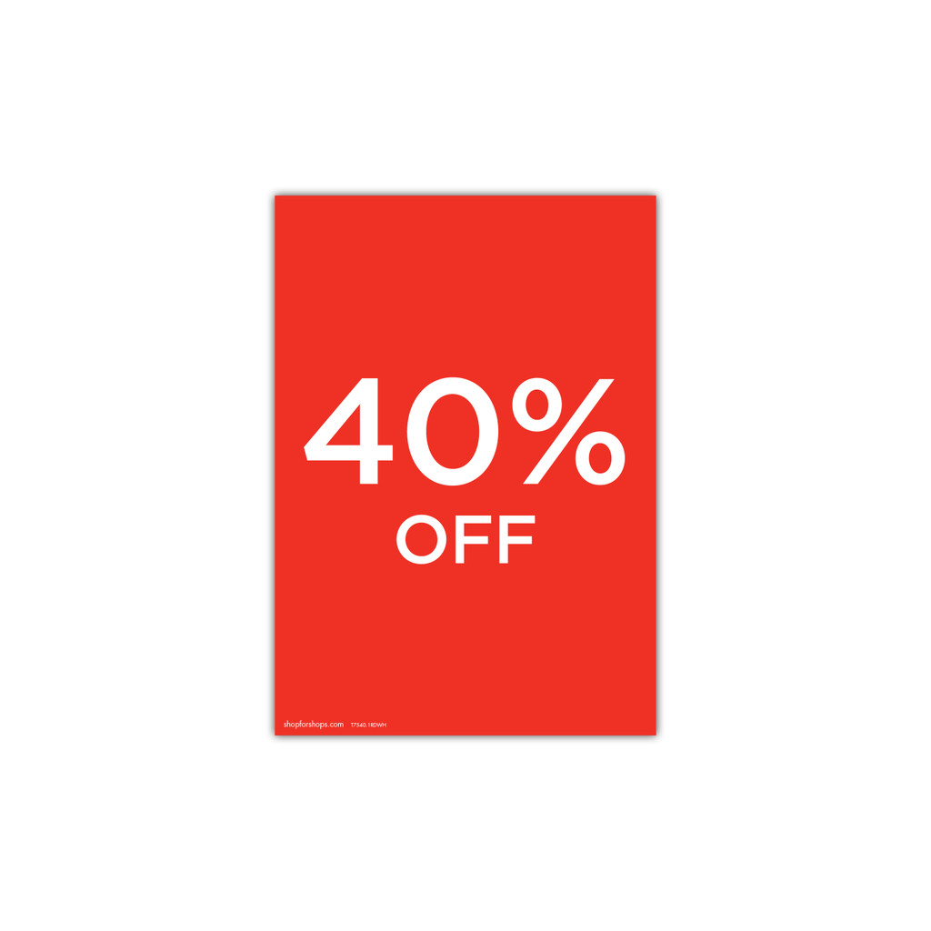 Shop for Shops A4 portrait double sided sign card "40% off" (pack of 5) 210 W x 297 mm H(T7540.1RDWH)