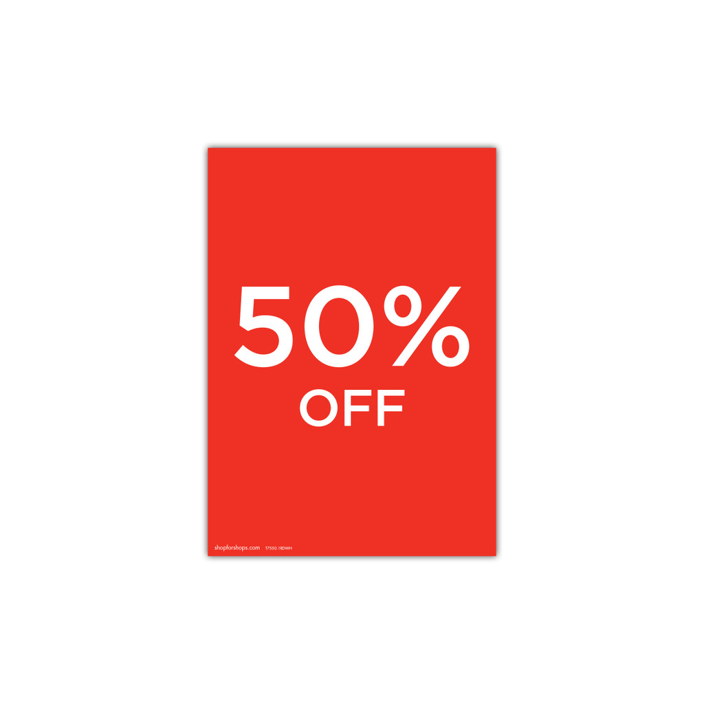 Shop for Shops A4 portrait double sided sign card "50% off" (pack of 5) 210 W x 297 mm H(T7550.1RDWH)