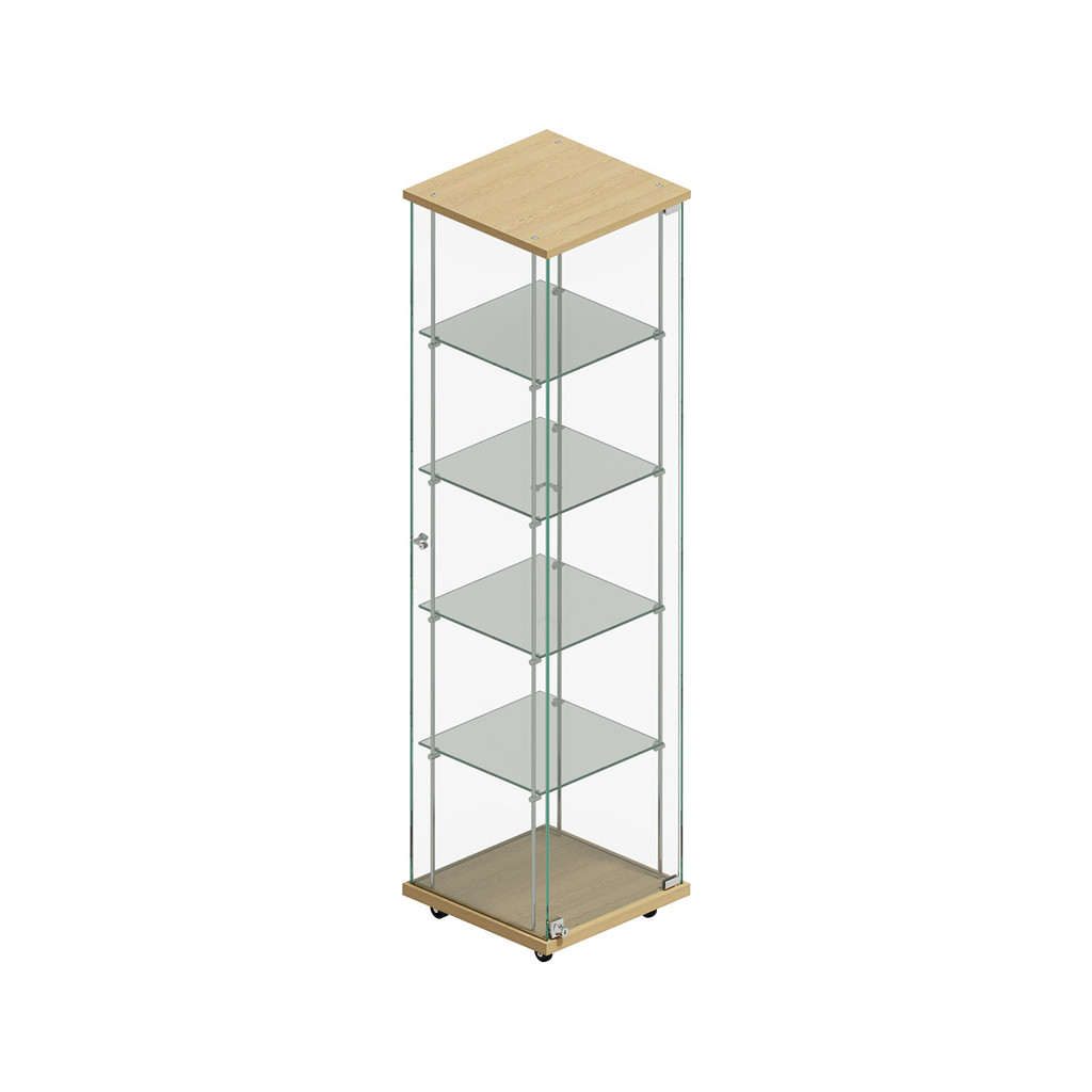 Shop for Shops Budget 4-shelf tower showcase on wheels with lockable door 400 W x 400 D x 1580 mm H(F2950CGOAK)