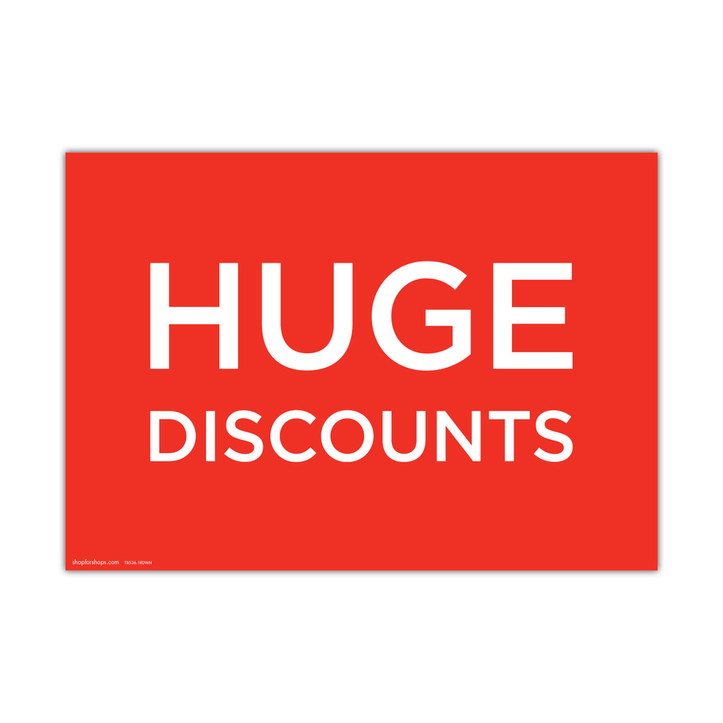 Shop for Shops A3 landscape double sided sign card "HUGE DISCOUNTS" 420 W x 297 mm H(T8536.1RDWH)