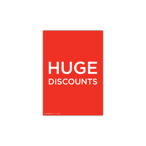 Shop for Shops A4 portrait double sided sign card "HUGE DISCOUNTS" (pack of 5) 210 W x 297 mm H(T7536.1RDWH)