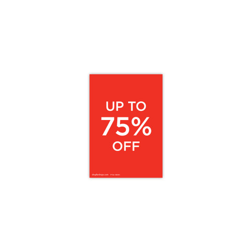 Shop for Shops A5 portrait double sided sign card "up to 75% off" (pack of 5) 148 W x 210 mm H(T7743.1RDWH)