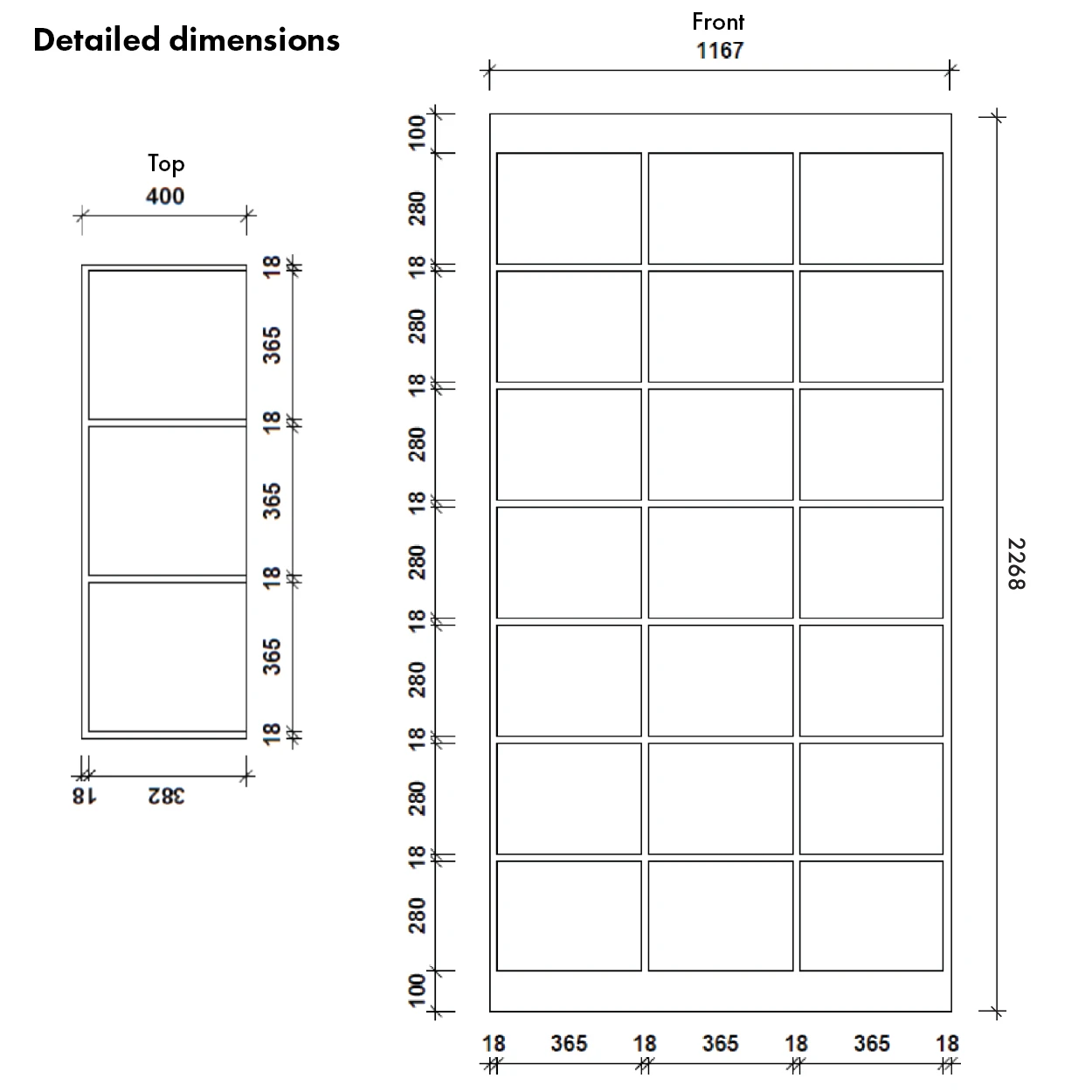 Pigeonhole Unit 3 x 7 cubes -  1167mm W x 400mm D x 2268mm H(M5050BK)